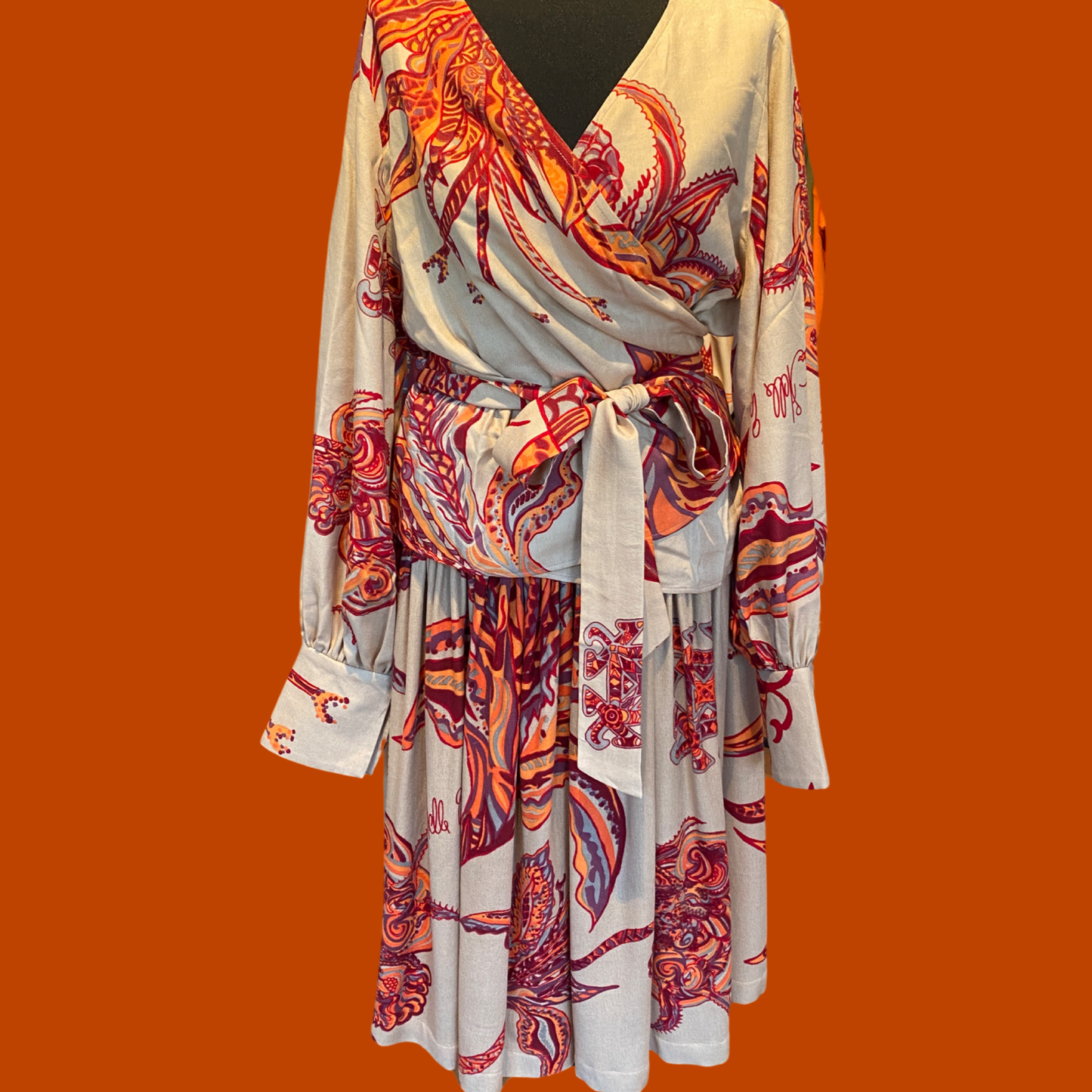 SOUL FLOWERS Kaschmir & Seide Midi Rock mit Veloursleder-Bund, orange & beige, Unikat