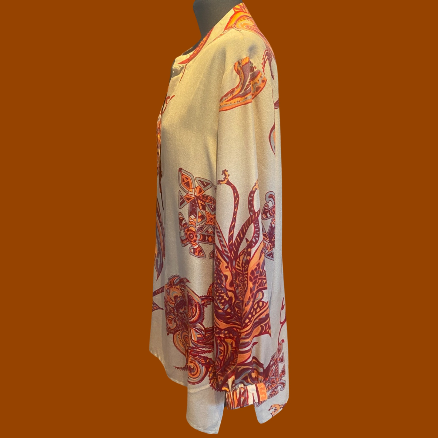 SOUL FLOWERS Wolle&Seiden Winter Hemdbluse, beige&Orange&Rost, UNIKAT!