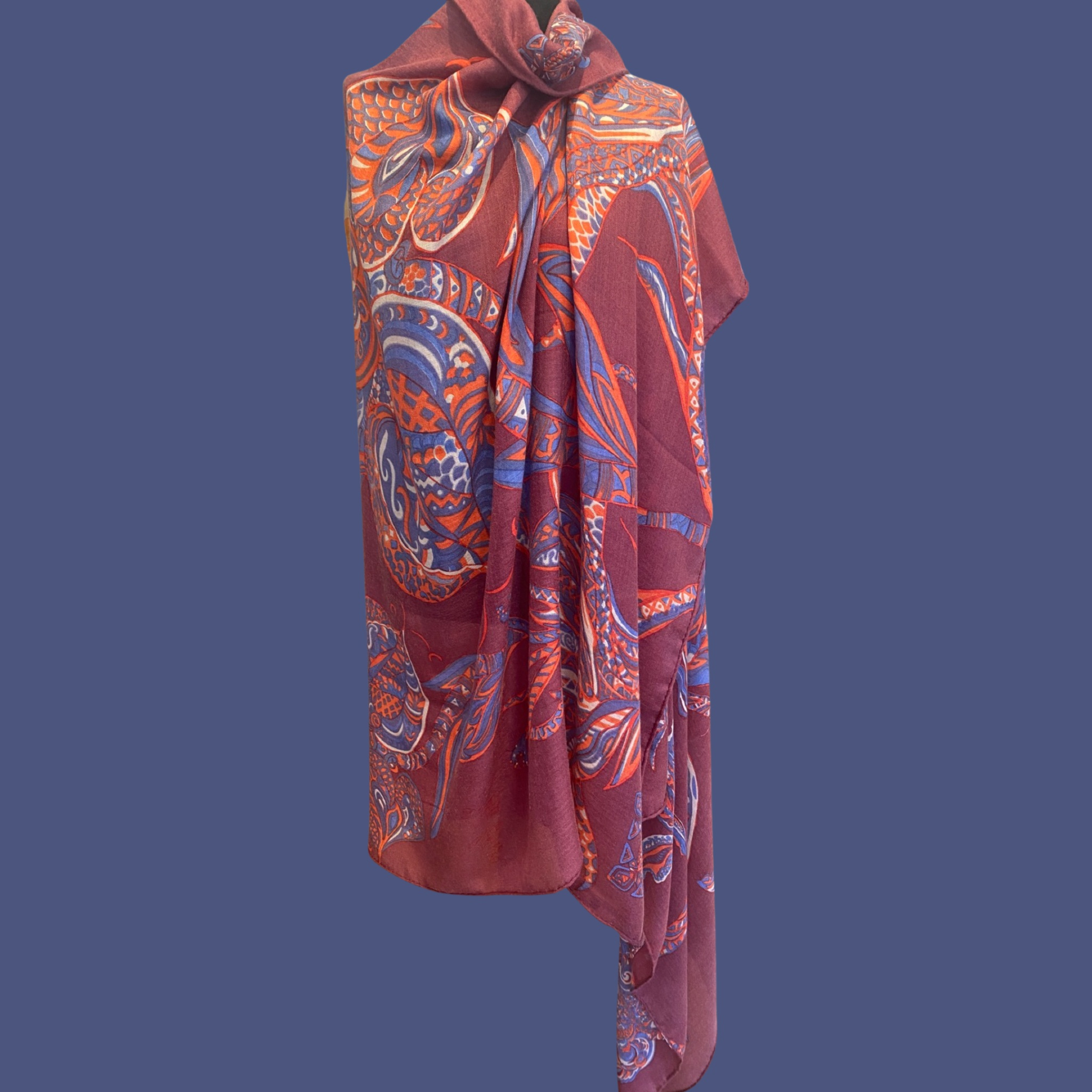 SOUL FLOWERS leichter Kaschmirschal, marsala & blue & orange, Ltd 5