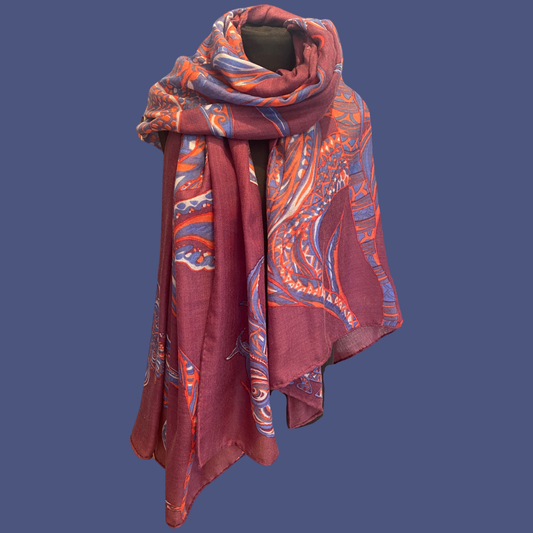 SOUL FLOWERS leichter Kaschmirschal, marsala & blue & orange, Ltd 5