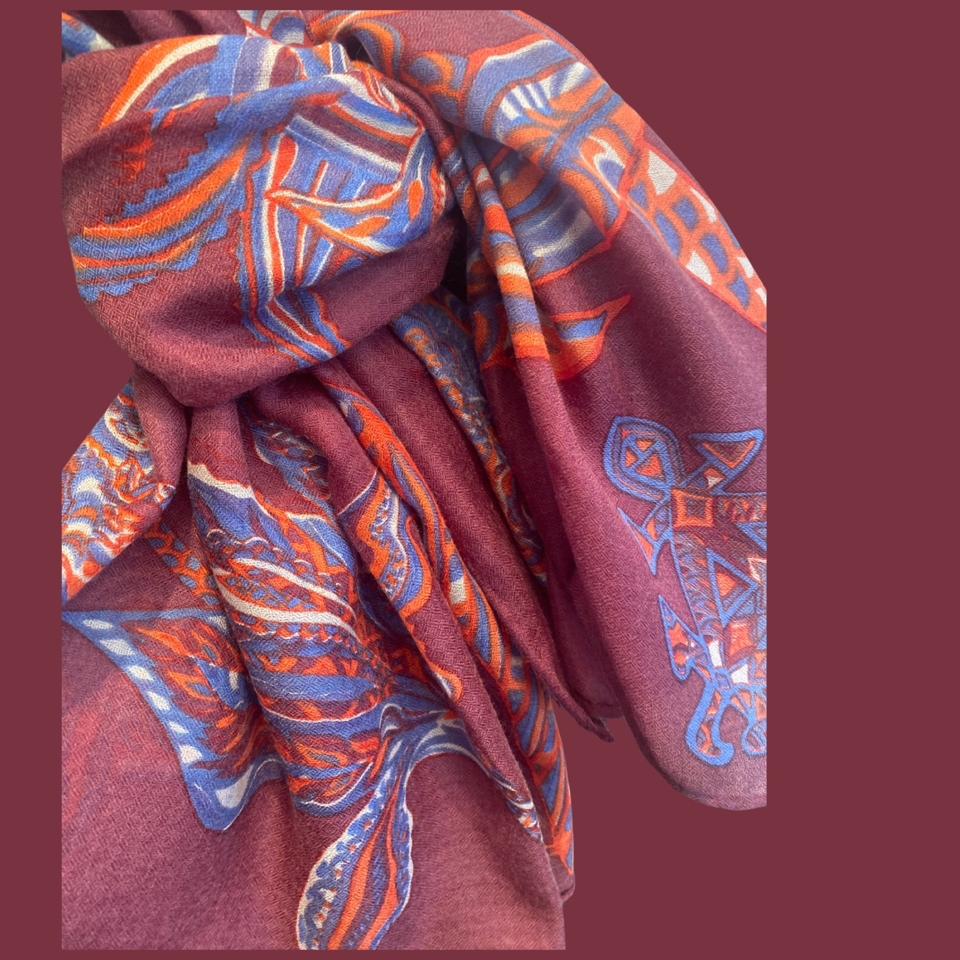 SOUL FLOWERS leichter Kaschmirschal, marsala & blue & orange, Ltd 5