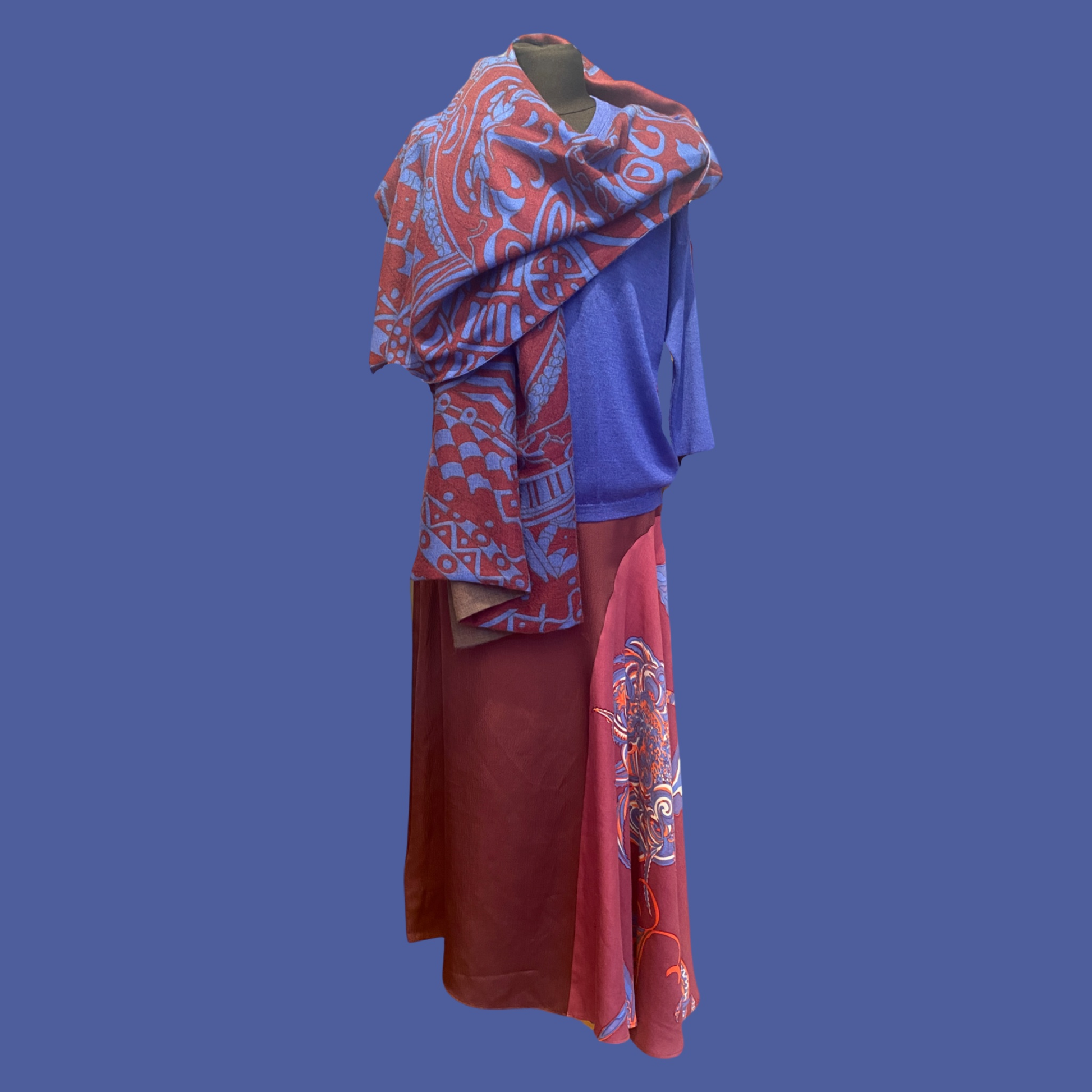 SOUL FLOWERS Asymmetrischer Rock, Seide, mauve, orange & blau, Unikat