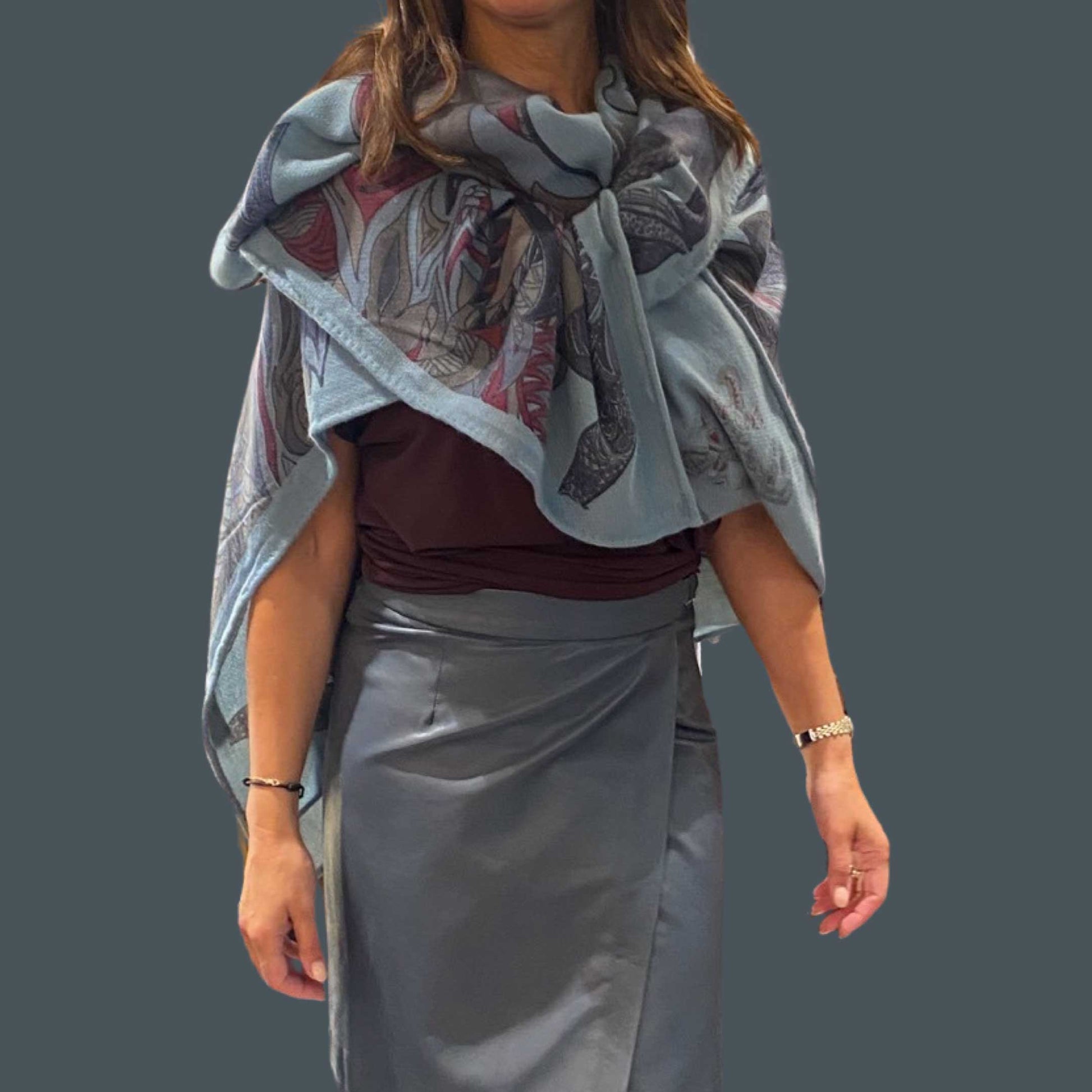 FLAMINGO GARDEN Kaschmir Cape/Stola, hellblau & bordeau & braun, limited 4/6