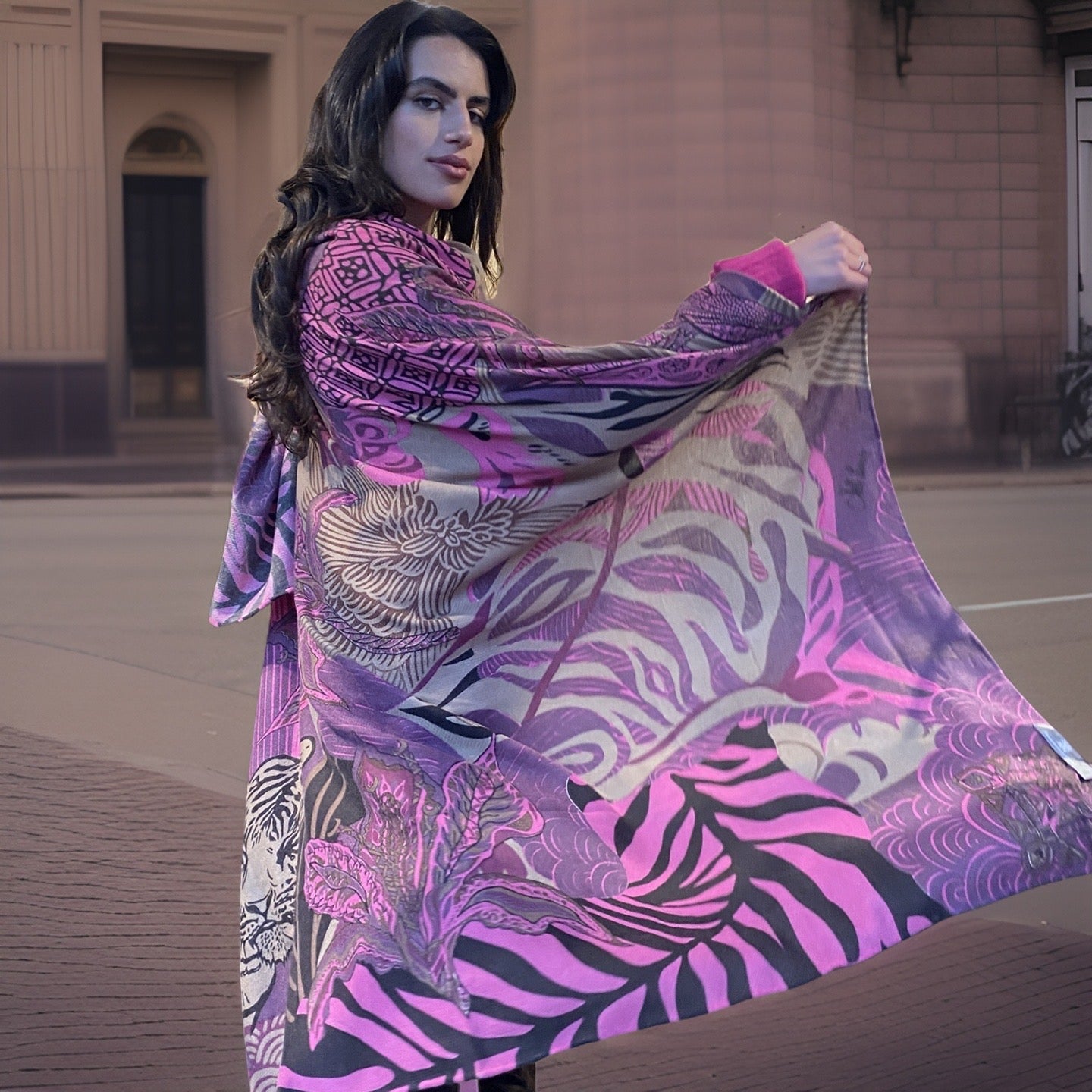 WILD FAMILY BONDS Kaschmir Cape/Stola, pink & mauve & olive, Limited Edition #5