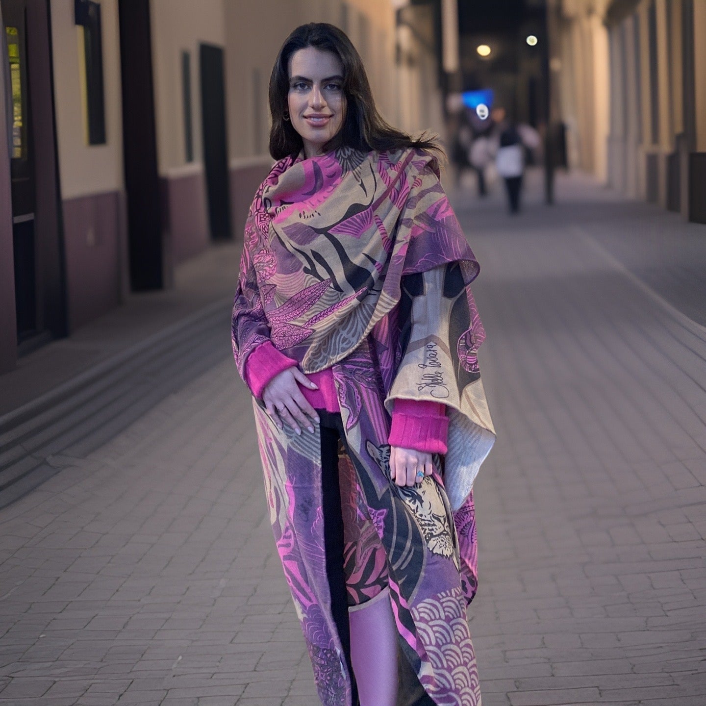 WILD FAMILY BONDS Kaschmir Cape/Stola, pink & mauve & olive, Limited Edition #5