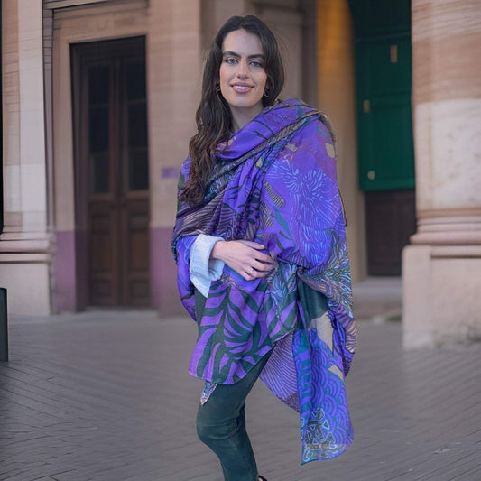 Schal WILD FAMILY BONDS, leichter Kaschmir, beige&lila& green, Ltd. #5