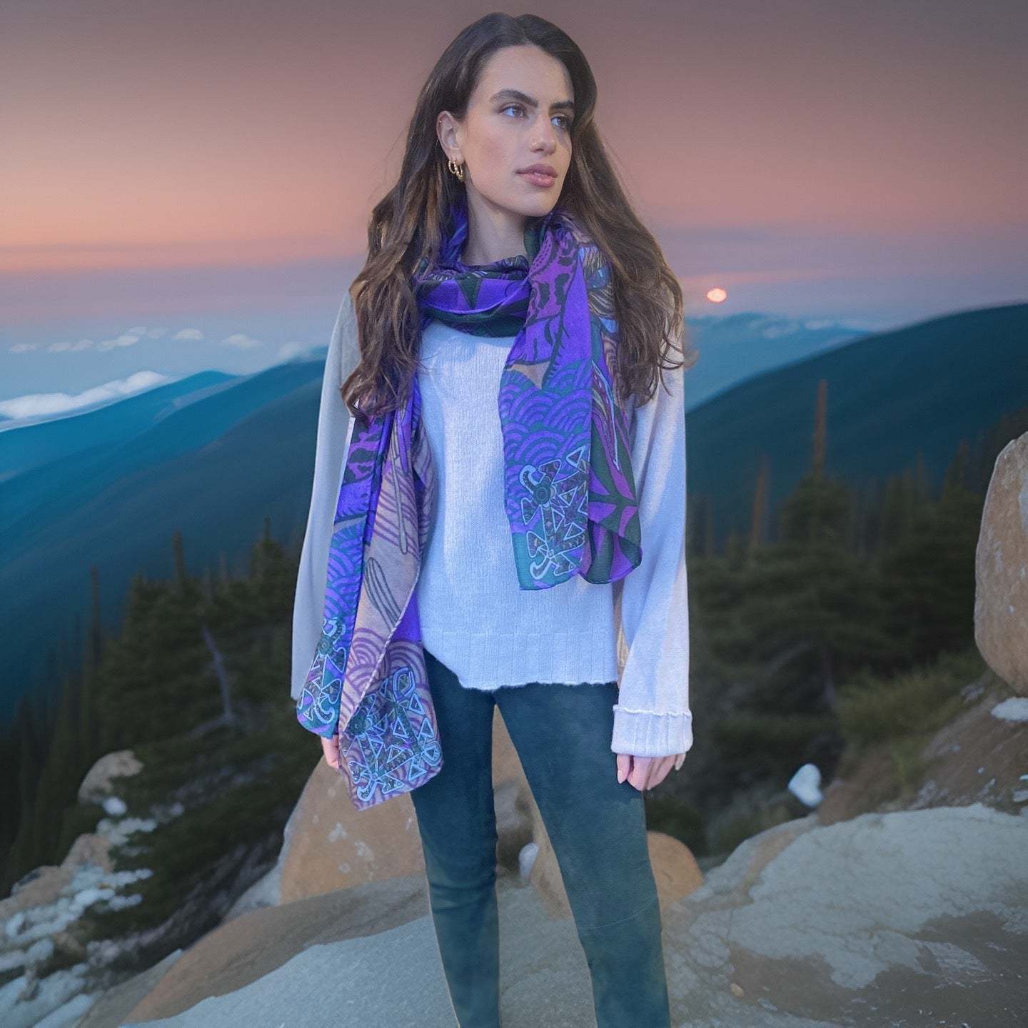 Schal WILD FAMILY BONDS, leichter Kaschmir, beige&lila& green, Ltd. #5