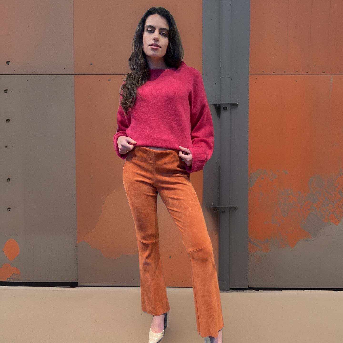 Lederhose mit Schlag, Stretch-Lammleder, Zimt, Maßkonfektion, waschbar