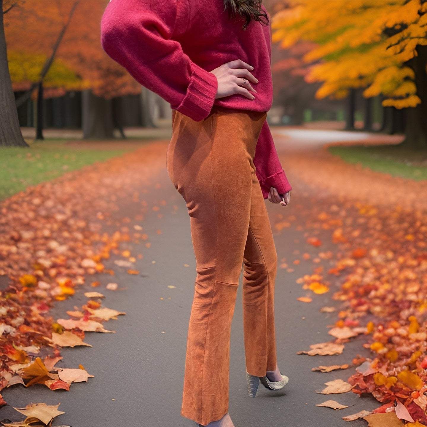 Lederhose mit Schlag, Stretch-Lammleder, Zimt, Maßkonfektion, waschbar