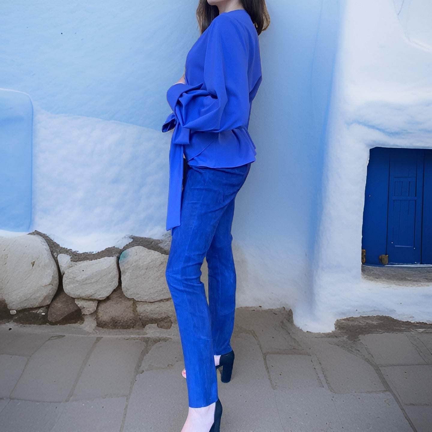 Lederhose, Stretchlammleder, Mykonos blue, Maßkonfektion, waschbar
