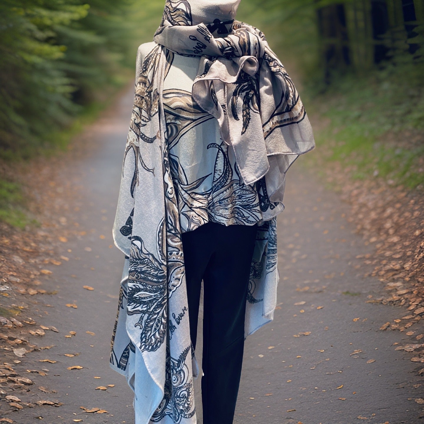 SOUL FLOWERS weiches Kaschmir Cape/Stola, taupe & beige, bedruckt