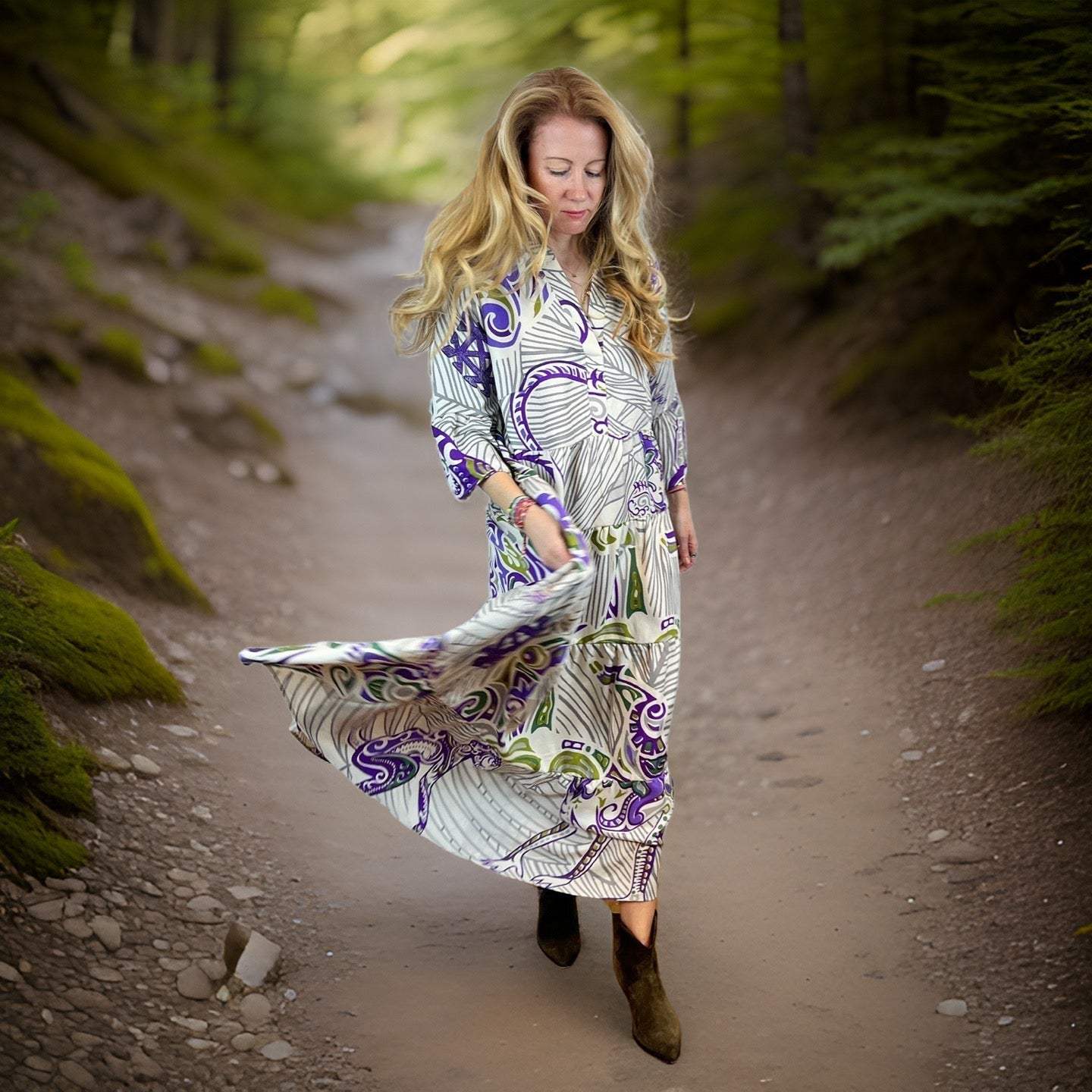 Kleid JUNGLE LOVE, 100% Seide, Maxi, A-Linie, green & creme, M, Unikat