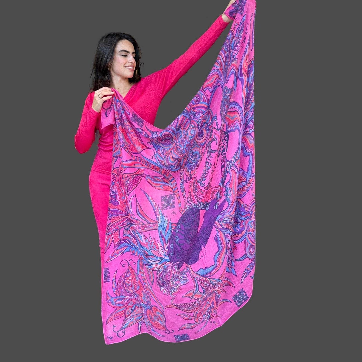 BONDED IN GARDEN EDEN Tuch, 150x150 AAA Kaschmir Carré, pink magenta purple & turquoise LIMITED EDITION 2/8