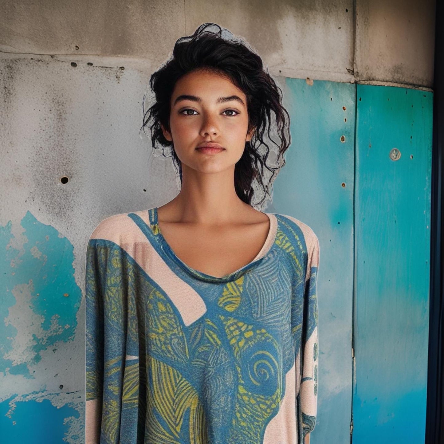 SOUL LEAVES Fein-Strick Kaschmir & Seide Poncho, bedruckt, UNIKAT