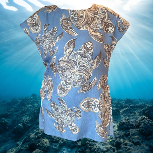 Bluse/Shirt TURTLES IN THE SEA , blau, Naturseide, Siebdruck, Unikat