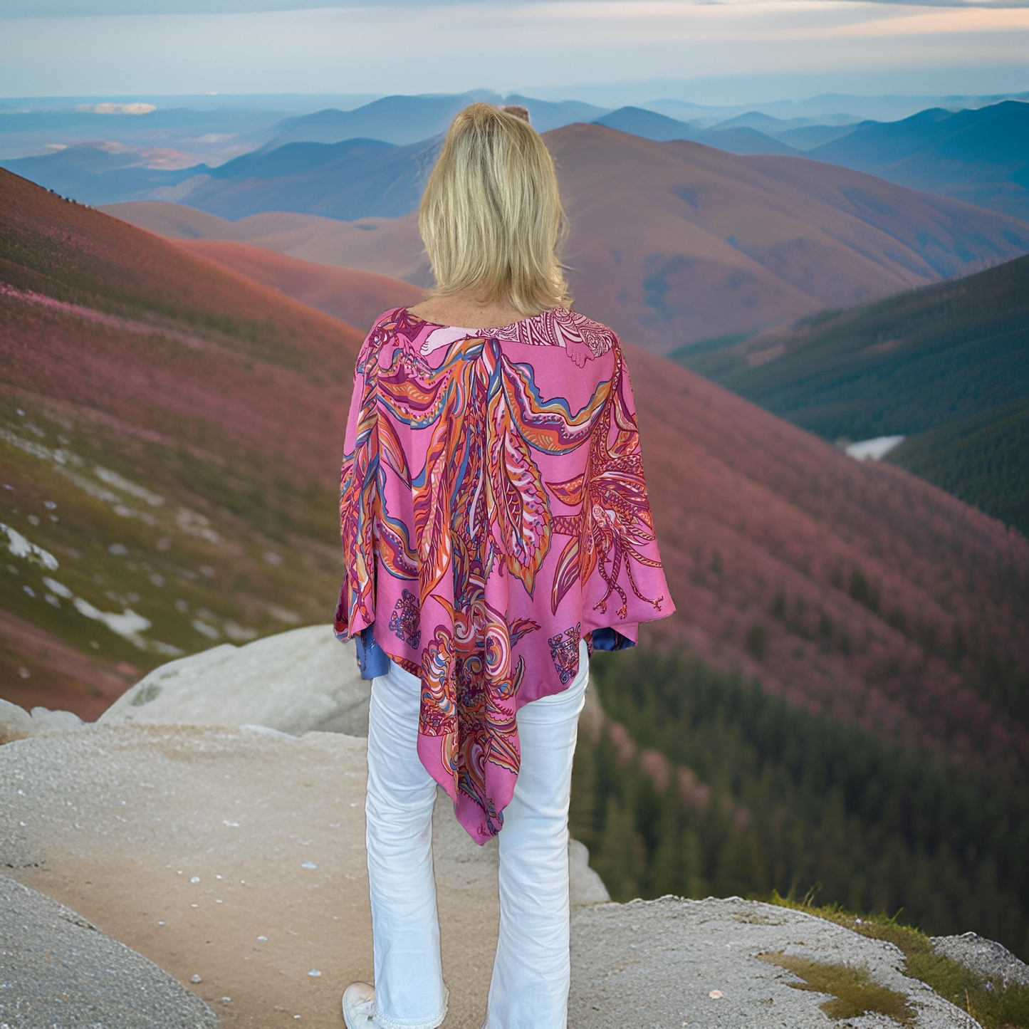 BONDED IN GARDEN EDEN Seiden-Poncho, Doubleface, blau & pink, Unikat