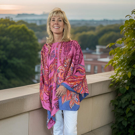 BONDED IN GARDEN EDEN Seiden-Poncho, Doubleface, blau & pink, Unikat