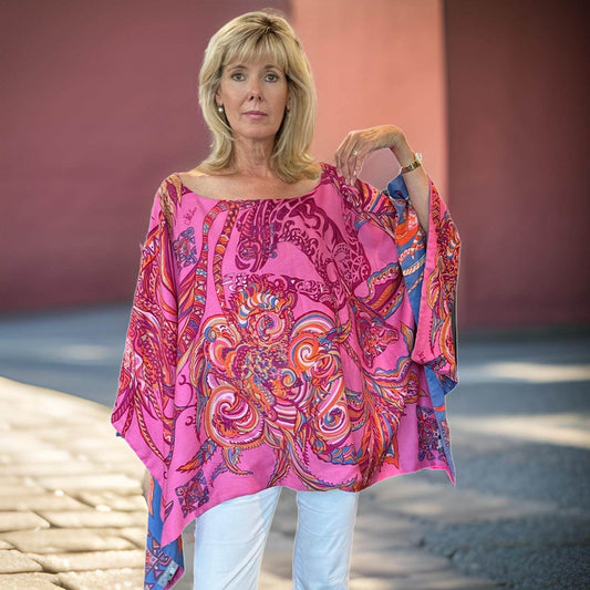 BONDED IN GARDEN EDEN Seiden-Poncho, Doubleface, blau & pink, Unikat