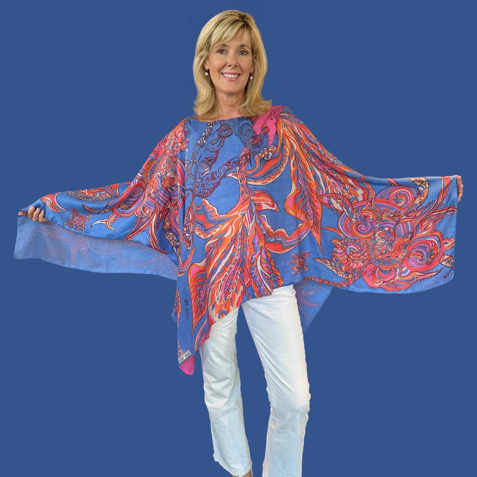 BONDED IN GARDEN EDEN Sei de& Kaschmir Poncho, Doubleface, Blau / Pink, Unikat