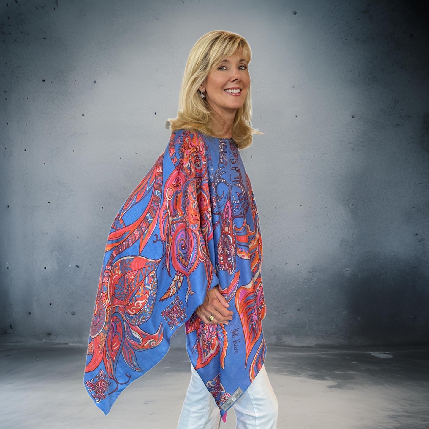 BONDED IN GARDEN EDEN Sei de& Kaschmir Poncho, Doubleface, Blau / Pink, Unikat