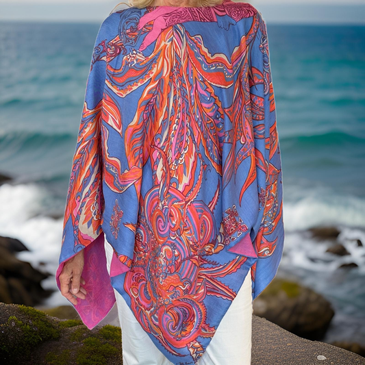 BONDED IN GARDEN EDEN Sei de& Kaschmir Poncho, Doubleface, Blau / Pink, Unikat