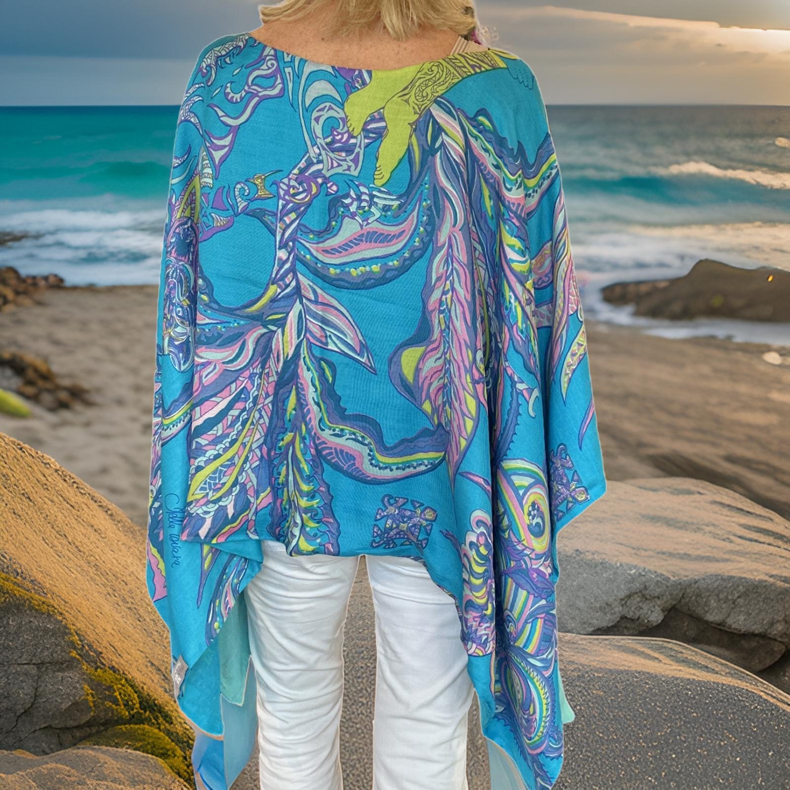 BONDED IN GARDEN EDEN Seide&Kaschmir Poncho, Doubleface, türkis, Unikat