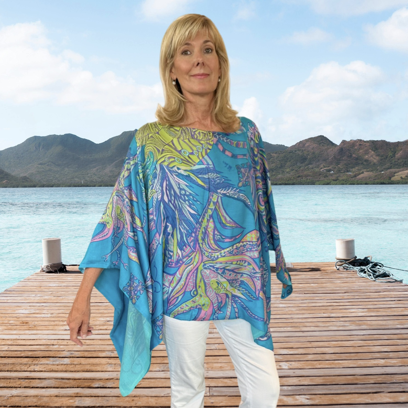 BONDED IN GARDEN EDEN Seide&Kaschmir Poncho, Doubleface, türkis, Unikat