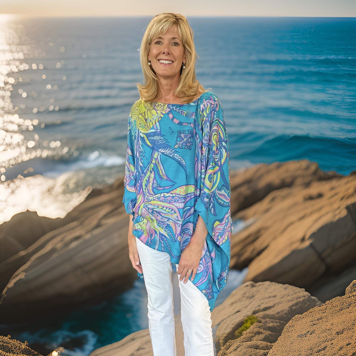 BONDED IN GARDEN EDEN Seide&Kaschmir Poncho, Doubleface, türkis, Unikat