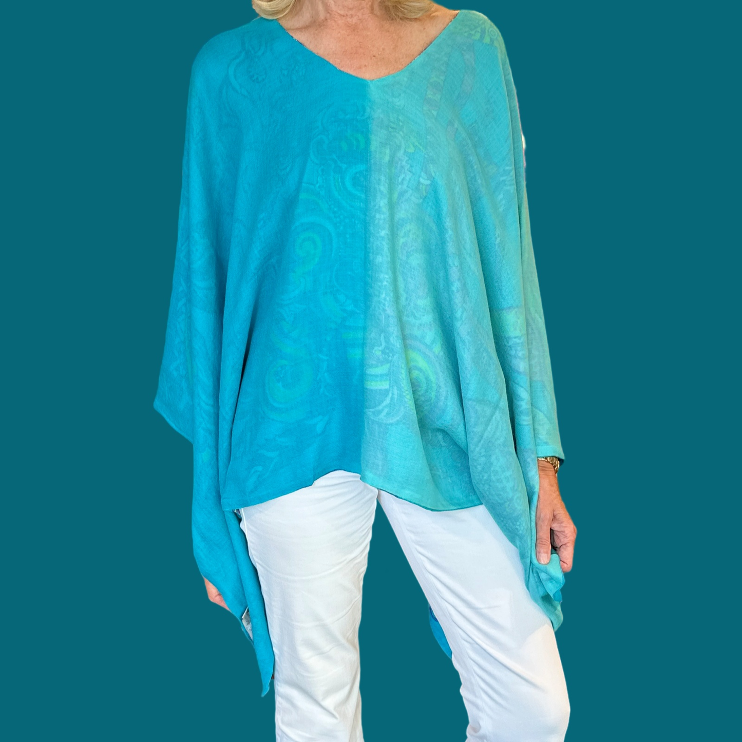 BONDED IN GARDEN EDEN Seide&Kaschmir Poncho, Doubleface, türkis, Unikat