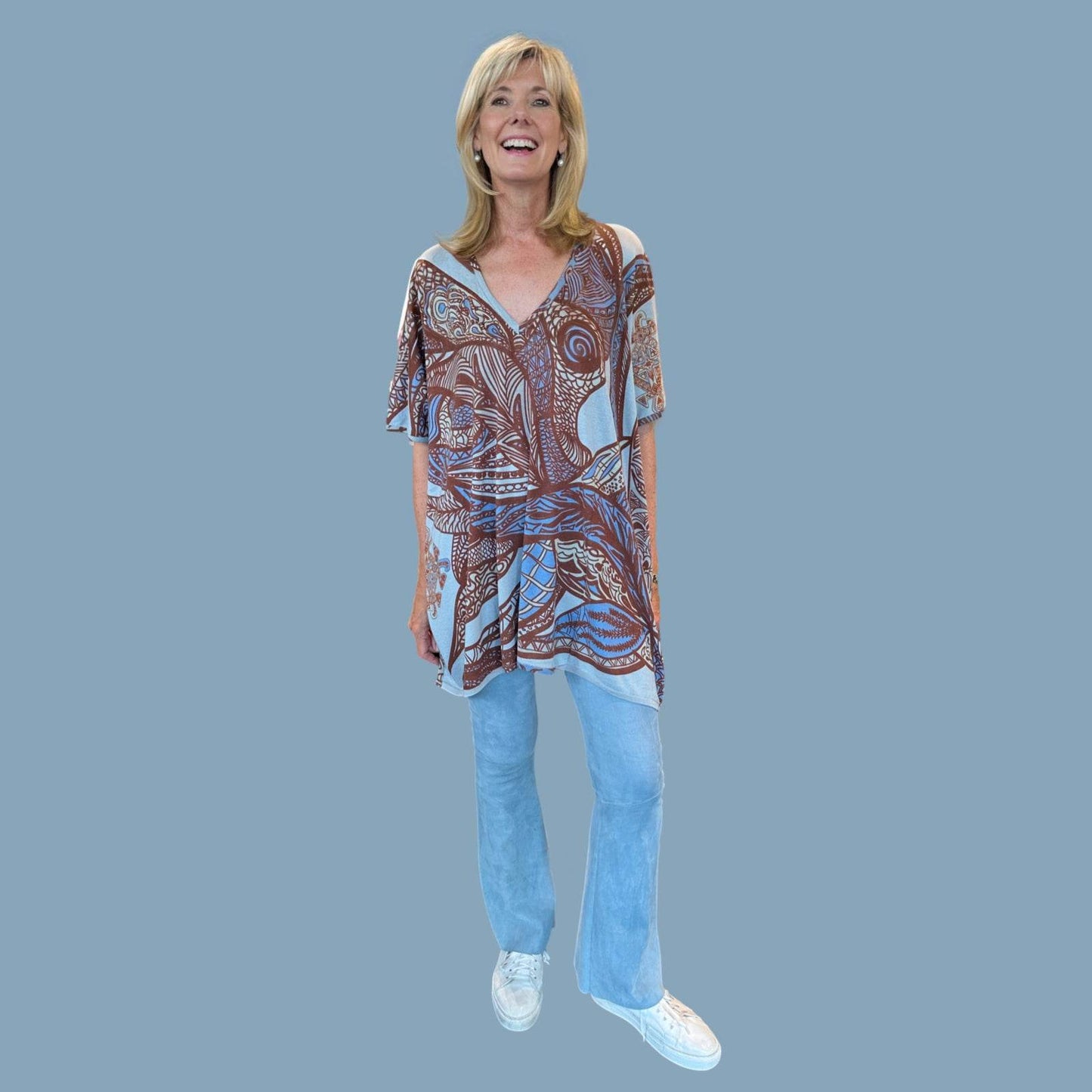 SOUL LEAVES Fein-Strick Kaschmir & Seide Poncho, bedruckt, UNIKAT