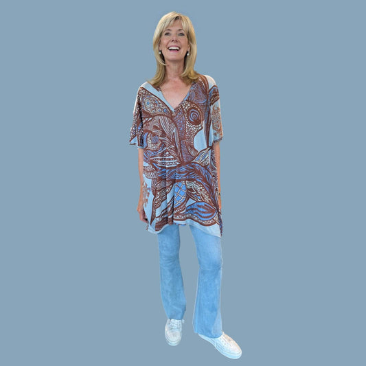 SOUL LEAVES Fein-Strick Kaschmir & Seide Poncho, bedruckt, UNIKAT