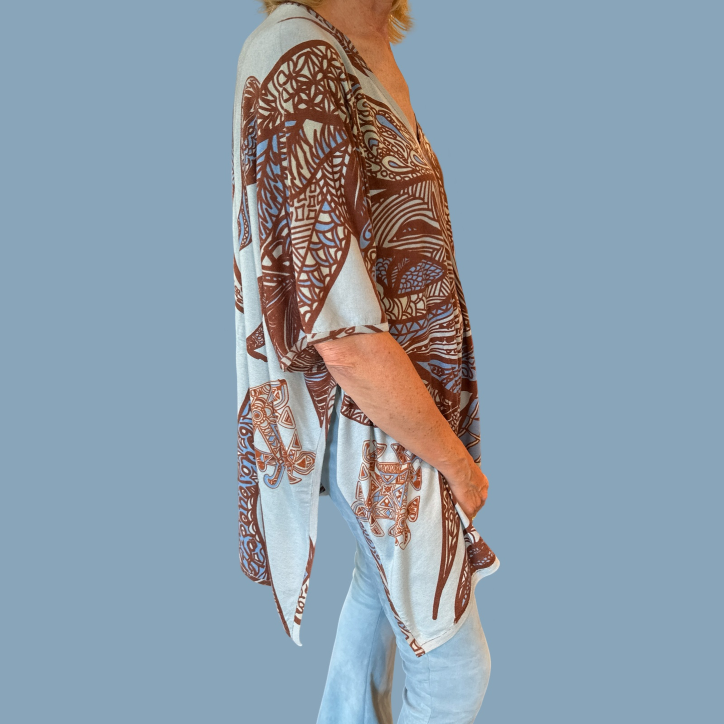 SOUL LEAVES Fein-Strick Kaschmir & Seide Poncho, bedruckt, UNIKAT