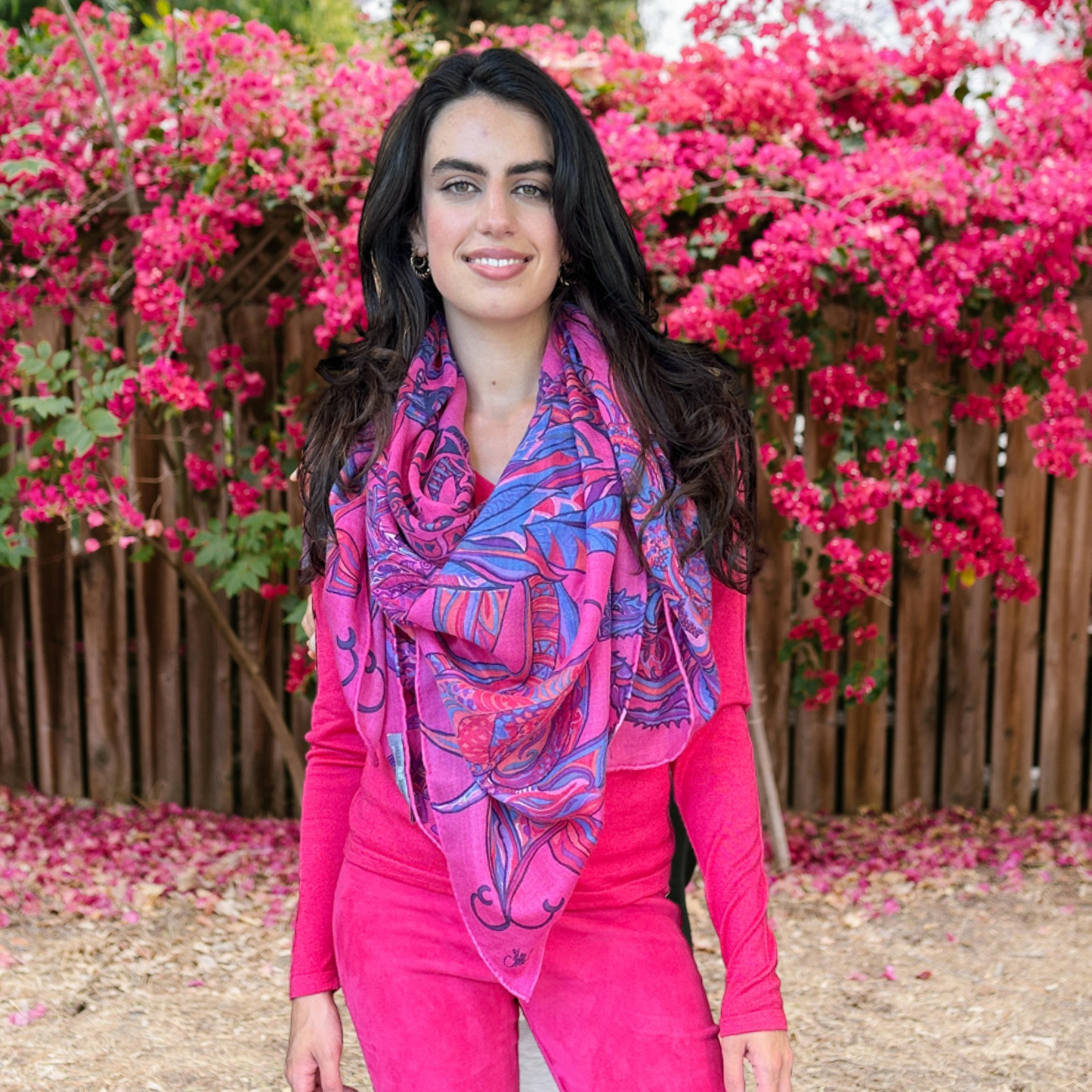 BONDED IN GARDEN EDEN Tuch, 150x150 AAA Kaschmir Carré, pink magenta purple & turquoise LIMITED EDITION 2/8