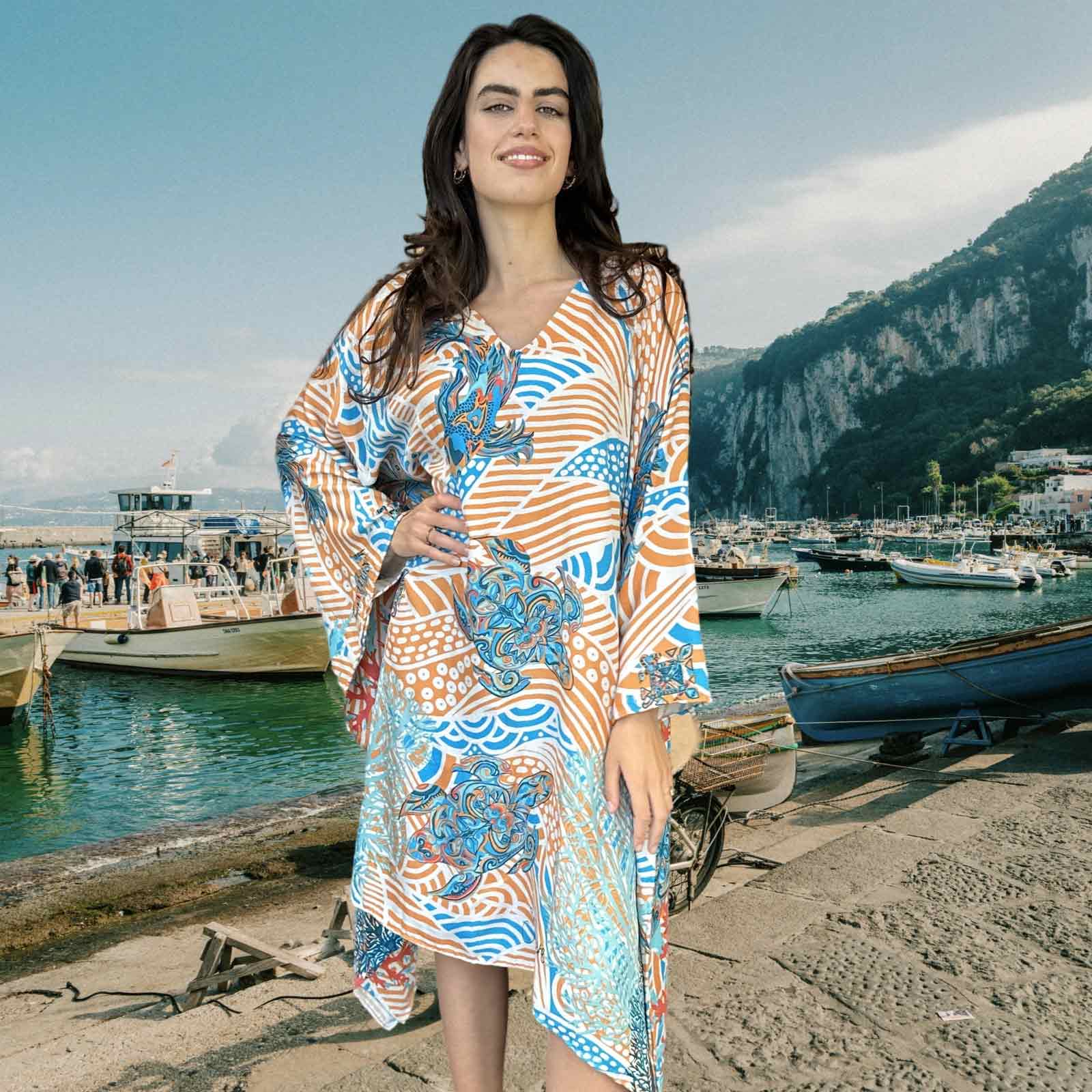 DEEP OCEAN Kaftan, Natur-Seide, handgewoben, türkis & orange, Unikat