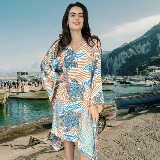 DEEP OCEAN Kaftan, Natur-Seide, handgewoben, türkis & orange, Unikat