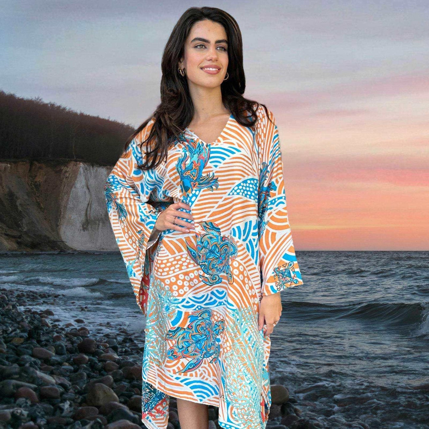 DEEP OCEAN Kaftan, Natur-Seide, handgewoben, türkis & orange, Unikat