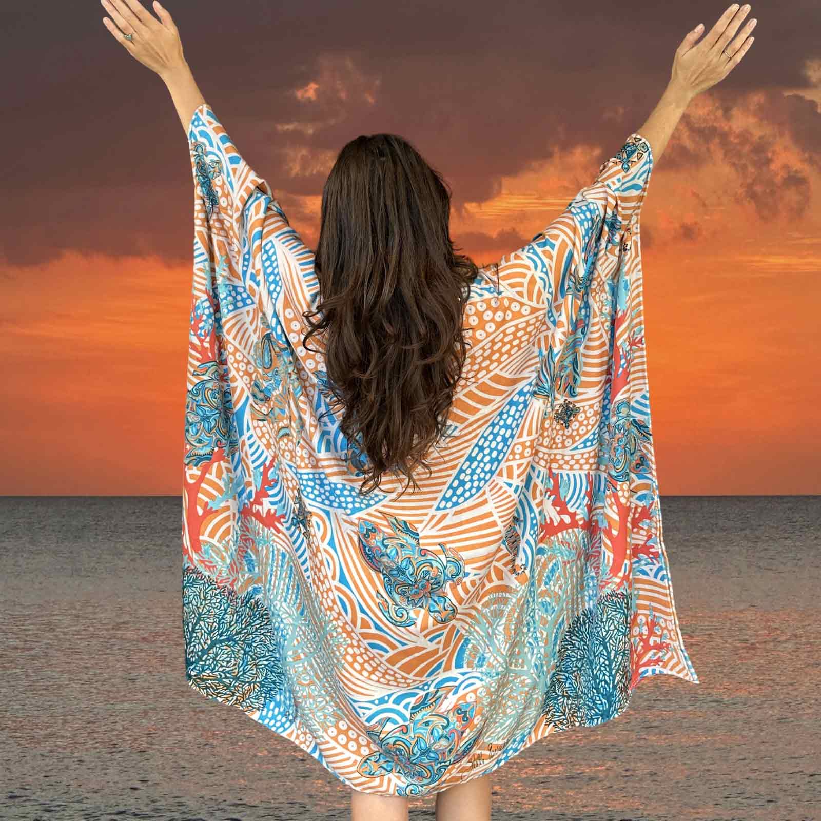 DEEP OCEAN Kaftan, Natur-Seide, handgewoben, türkis & orange, Unikat