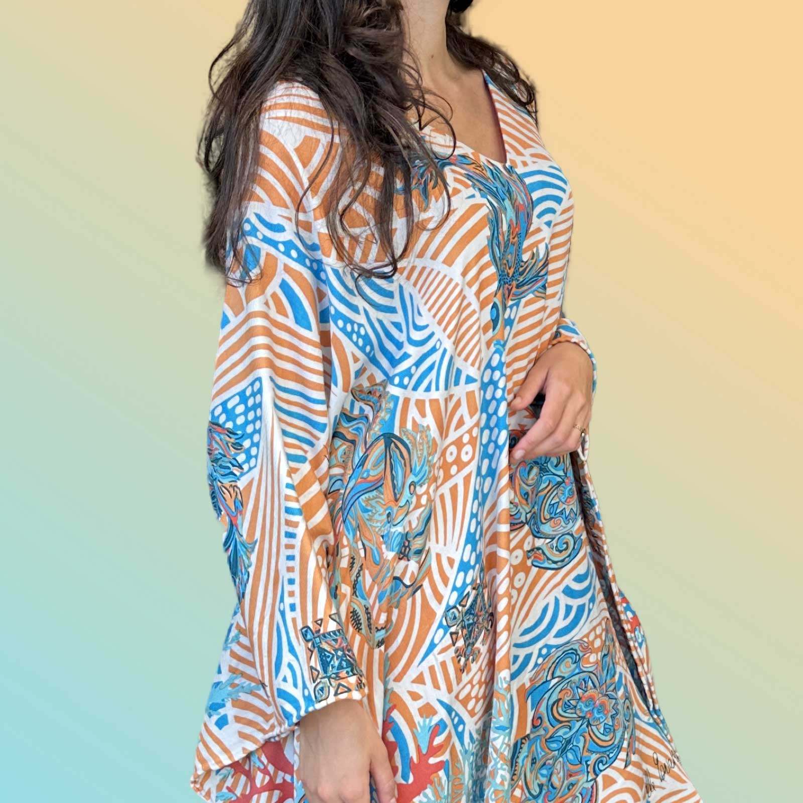 DEEP OCEAN Kaftan, Natur-Seide, handgewoben, türkis & orange, Unikat