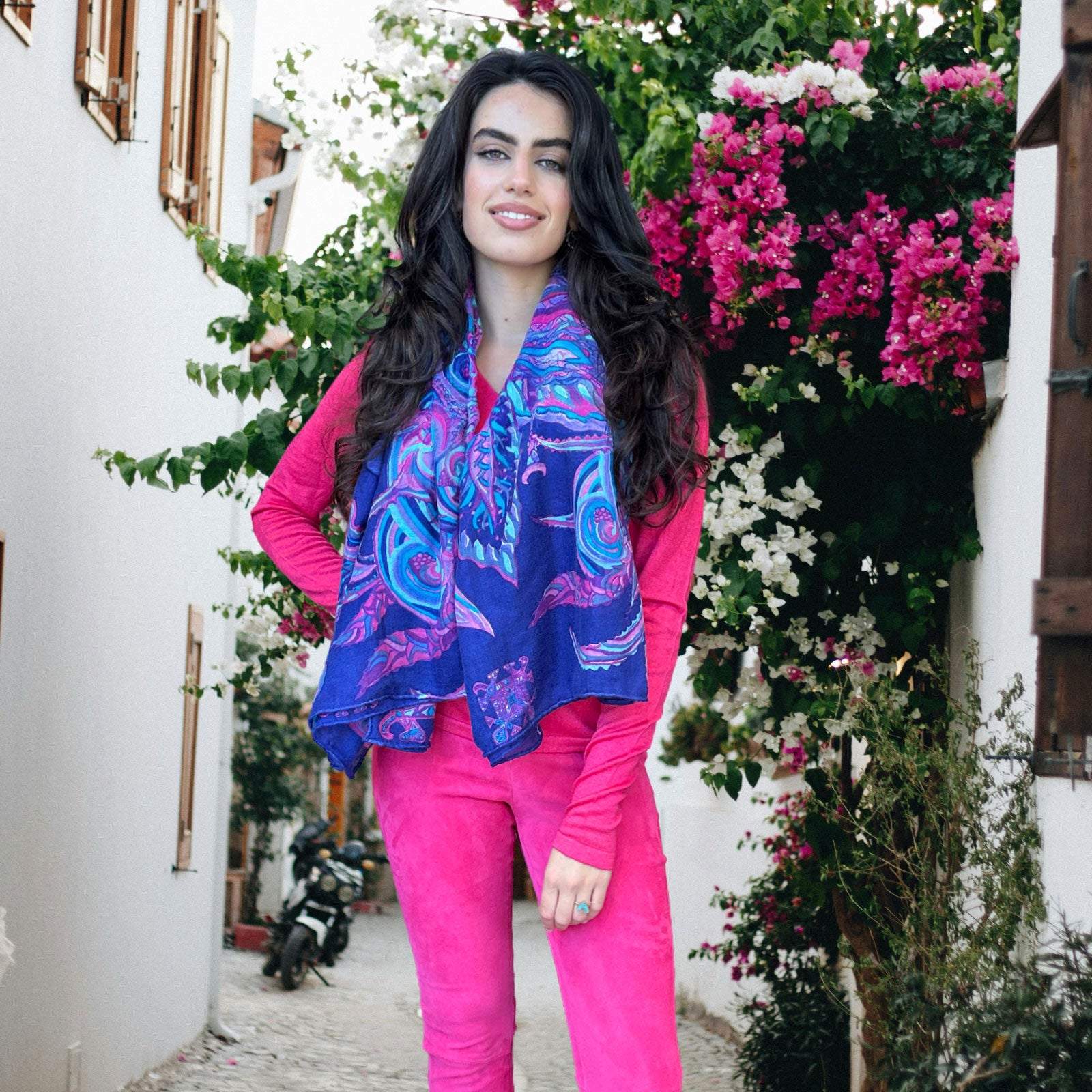 BONDED IN GARDEN EDEN Cashmere Carré Tuch, 150x150 AAA fine baby Kaschmir - 10 color frames: purple, pink magenta & turquoise. LIMITED EDITION 2/8