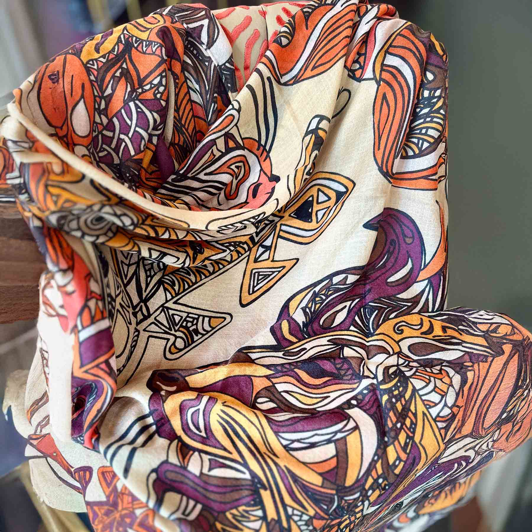 WILD LIFE Kaschmir Carre Tuch, beige, orange, burgund, braun, limitiert 3/5