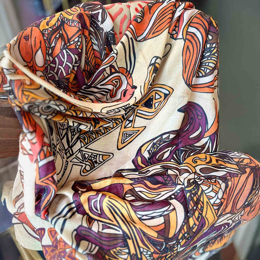 WILD LIFE Kaschmir Carre Tuch, beige, orange, burgund, braun, limitiert 3/5