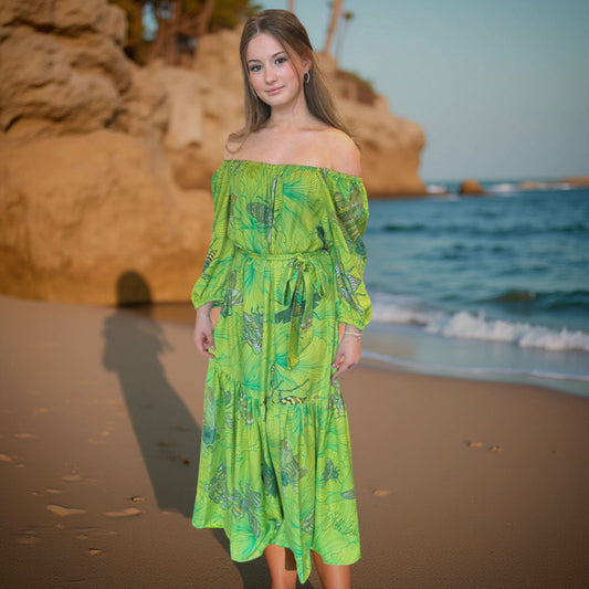 JUST 🐝 BEE Maxi Kleid, handgewobene 100 % Seide, green&yellow, Unikat