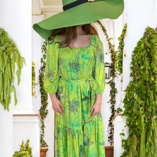 JUST 🐝 BEE Maxi Kleid, handgewobene 100 % Seide, green&yellow, Unikat