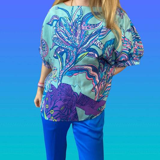 SOUL FLOWERS Seidenbluse mit Fledermausärmeln, Türkis, limited