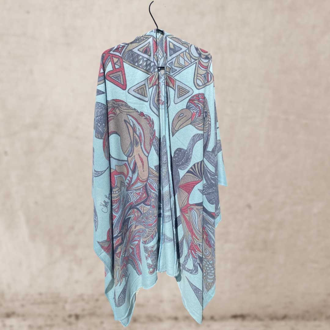 FLAMINGO GARDEN Kaschmir Cape/Stola, hellblau & bordeau & braun, limited 4/6