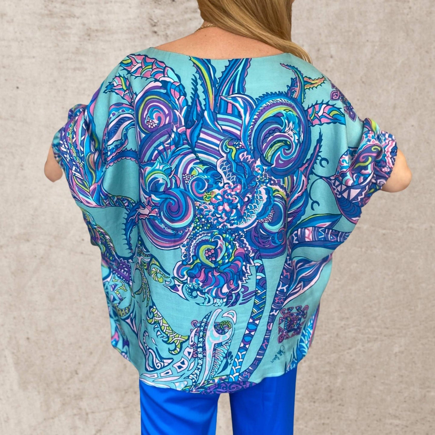 SOUL FLOWERS Seidenbluse mit Fledermausärmeln, Türkis, limited