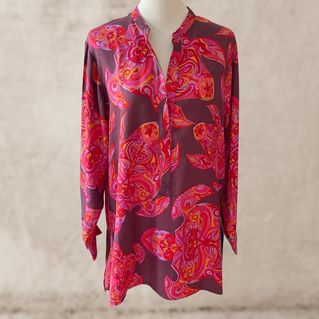 MAORI TURTLES Seiden-Hemdbluse, pink auf pflaume, limited