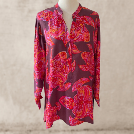 MAORI TURTLES Seiden-Hemdbluse, pink auf pflaume, limited