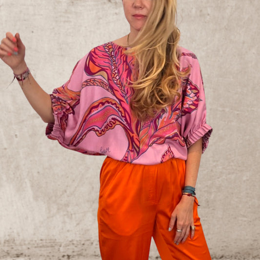 SOUL FLOWERS Seidenbluse mit Fledermausärmeln, pink & orange, limited