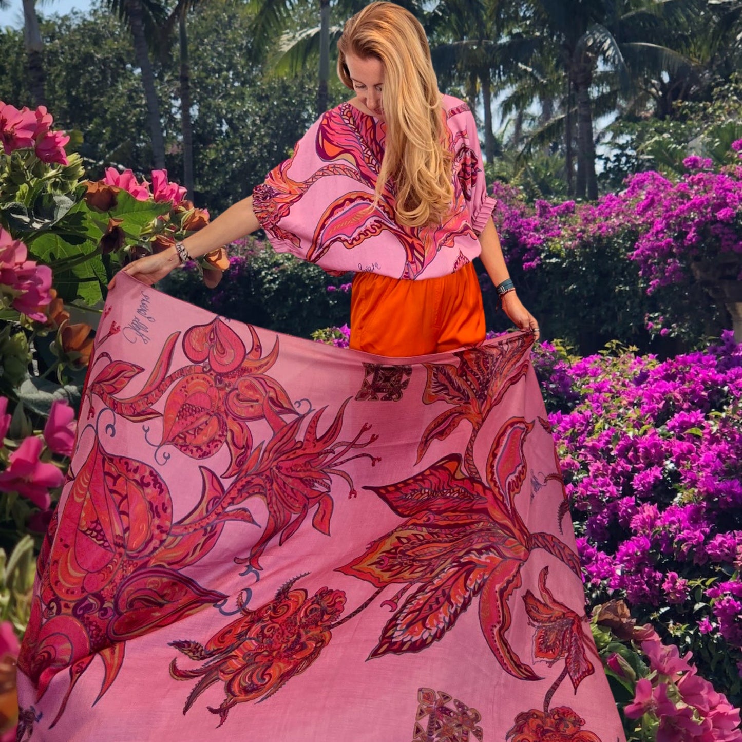 SOUL FLOWERS Seidenbluse mit Fledermausärmeln, pink & orange, limited